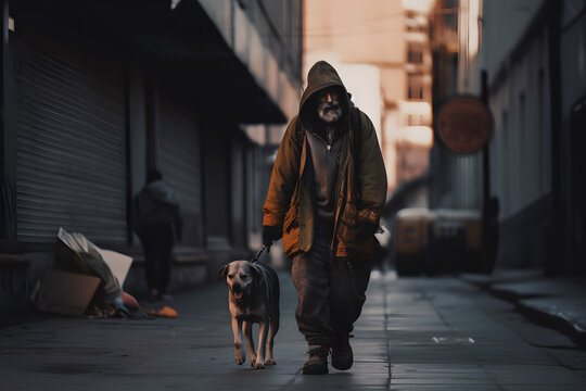 Homeless man walking down street with his friend dog. Concept friendship lifestyle. Generation AI.
