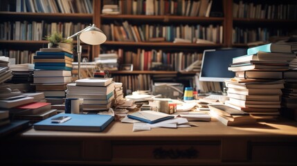 A close look at a disorganized home office, featuring overloaded bookshelves and piles of files. - obrazy, fototapety, plakaty