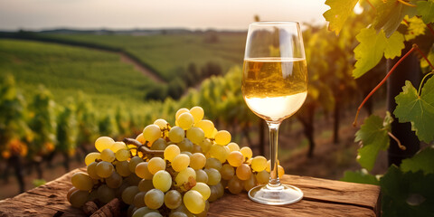 Glass of white wine with bunch of grapes on wooden background, sunset banner. Generation AI. - obrazy, fototapety, plakaty