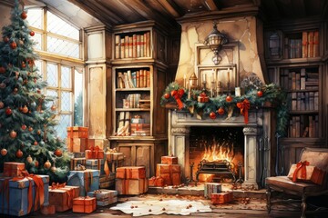 Fototapeta na wymiar Stylish interior of living room with Blazing fireplace and decorated Christmas tree, candles, gift boxes. Christmas and New Year celebration concept.