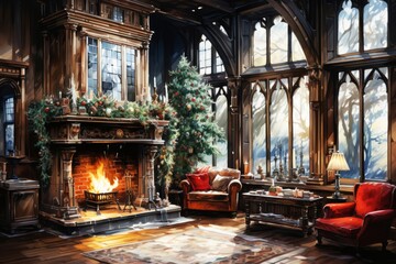 Stylish interior of living room with Blazing fireplace and decorated Christmas tree, candles, gift boxes. Christmas and New Year celebration concept.