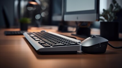 An ergonomic mouse and keyboard on a home office desk in close-up.