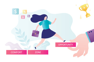 Businesswoman goes out of comfort zone and strives for new opportunities. Ambition and desire to set new goals, to achieve success. Mentor or business coach help
