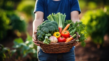 Close-up of hands holding a basket of freshly harvested vegetables.