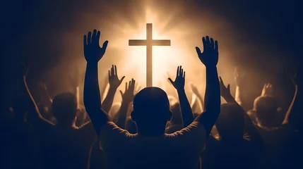 Fotobehang Christian worship God together hold hands and hugs warmth in Church, sun light background with sunset. Concept banner easter resurrection. Generation AI © Adin