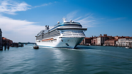 Cruise ship with tourists in Venice Italy, sunny day - obrazy, fototapety, plakaty