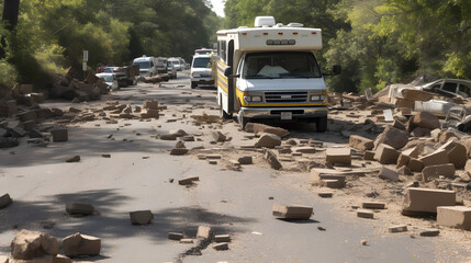 Concept natural disasters with storm wind and rain. Landslide and flooding in city caused by thunderstorm and hurricane. Generation AI.