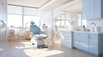 Dental examination room with a chair, overhead light, and cabinetry. - obrazy, fototapety, plakaty