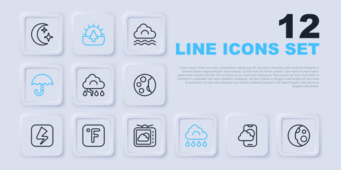 Set line Weather forecast app, Moon phases, Cloud and lightning, with rain, Umbrella, Fahrenheit, Sunrise and icon. Vector