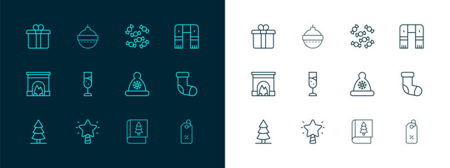 Set line Winter scarf, Christmas star, Santa Claus hat, book, Glass of champagne, Candy, Gift box and ball icon. Vector