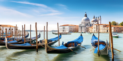 Concept romantic travel banner. Canal with gondolas in Venice, Italy. Generation AI. - obrazy, fototapety, plakaty