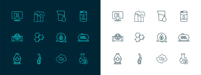 Set line Barrel oil, Gasoline pump nozzle, Oil drop with dollar symbol, CO2 emissions cloud, Molecule, petrol test tube, Word and and gas industrial factory icon. Vector