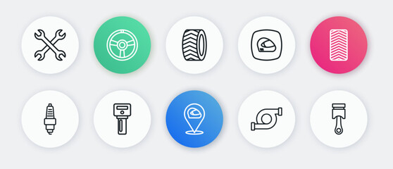 Fototapeta premium Set line Racing helmet, Car tire wheel, spark plug, Automotive turbocharger, Engine piston and key with remote icon. Vector