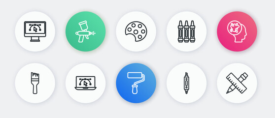 Set line Paint roller brush, spray, Marker pen, Wax crayons for drawing, Palette, Crossed ruler and pencil and Computer with design program icon. Vector