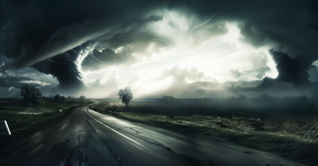 Powerful Tornado On Road In Stormy Landscape. AI generated