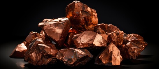 Copper nuggets on black background used in industry for electrical wires and household utensils - obrazy, fototapety, plakaty