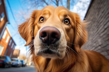 a golden retriever looking up with curious eyes