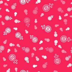 White line 8 March icon isolated seamless pattern on red background. International Happy Women Day. Vector