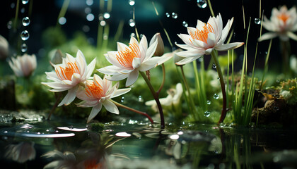 A tranquil scene of a single lotus flower in a pond generated by AI