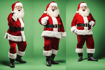 Set of three Santa Clauses on green background. Generative AI 
