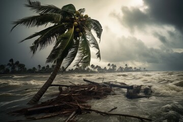 a palm tree standing strong after a hurricane - obrazy, fototapety, plakaty