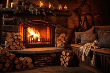 a cozy fireplace with burning wood logs