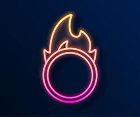 Glowing neon line Circus fire hoop icon isolated on black background. Ring of fire flame. Round fiery frame. Vector