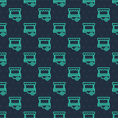 Green line Fast street food cart with awning icon isolated seamless pattern on blue background. Urban kiosk. Vector