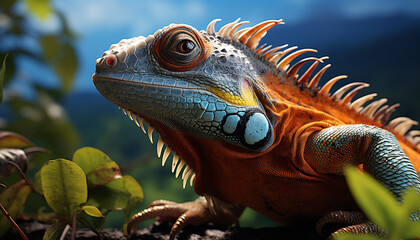 Fototapeta premium A cute green iguana, looking spooky, in tropical rainforest generated by AI