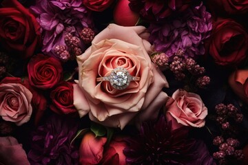 a bouquet of flowers with an engagement ring in the middle