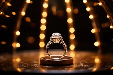 engagement ring under a glass cloche surrounded by fairy lights - obrazy, fototapety, plakaty