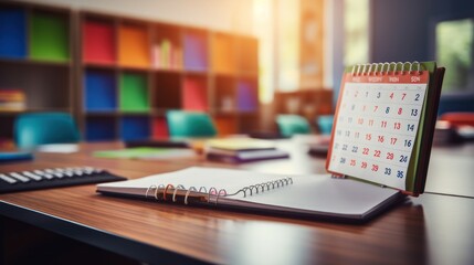 A teacher's desk calendar with important dates highlighted, seen in close-up within an empty classroom. - obrazy, fototapety, plakaty