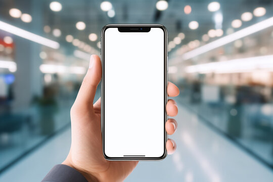 Hand-holding smartphone in the office blurred background