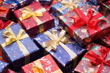 Fototapeta na wymiar christmas themed gift wrap and ribbons on the multitude of gift boxes