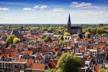Fototapeta na wymiar Panoramic View of Downtown Delft, Holland with Aerial Shot Featuring Vibrant Red Street Rows in the Panorama