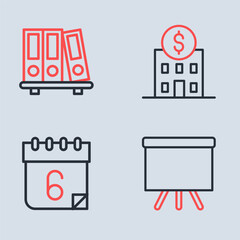 Set line Bank building, Calendar, Chalkboard and Office folders icon. Vector