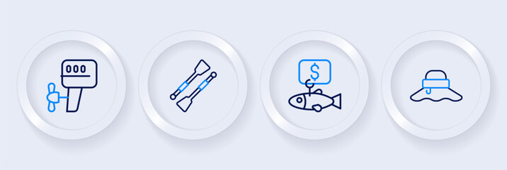 Set line Fisherman hat, Price tag for fish, Oars paddles boat and Outboard motor icon. Vector