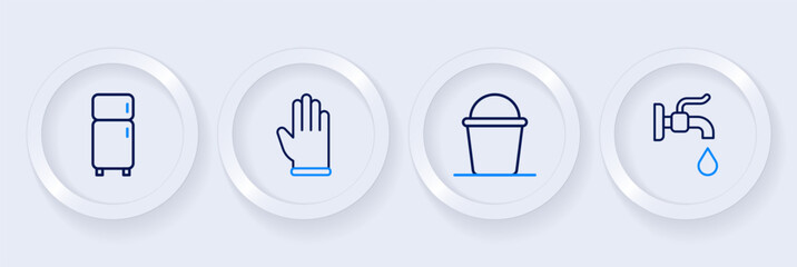 Set line Water tap, Bucket, Rubber gloves and Refrigerator icon. Vector