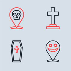 Obraz premium Set line Tombstone with cross, Coffin christian, Happy Halloween holiday and Skull icon. Vector
