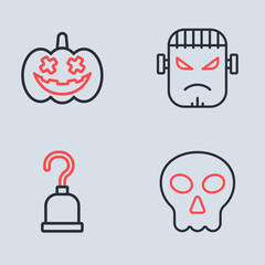 Set line Frankenstein face, Pirate hook, Skull and Pumpkin icon. Vector
