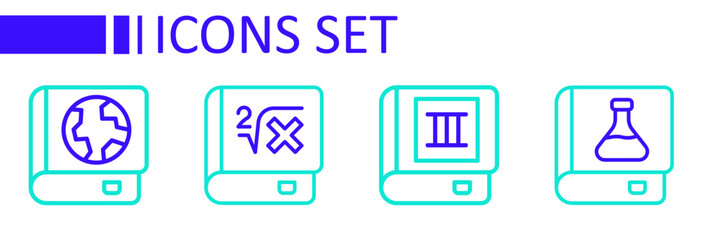 Set line Chemistry book, Book, with mathematics and Earth globe and icon. Vector