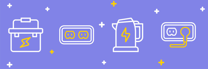 Set line Electrical outlet, kettle, and Toolbox electrician icon. Vector