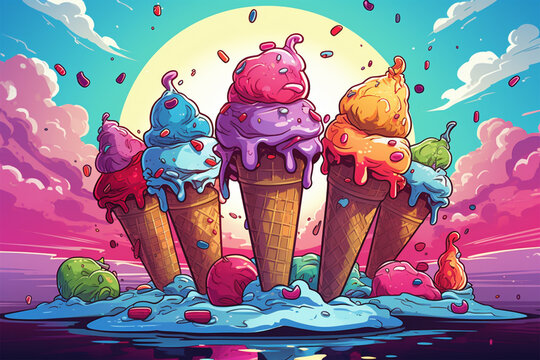 Naklejki Ice Cream wallpaper, fancy ice cream cones with colorful candy splashes in the background. Cartoon illustration of ice cream cones surrounded by clouds and a candies. Ice cream advertising concept