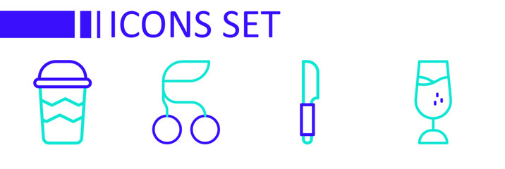 Set line Wine glass, Knife, Fresh berries and Coffee cup to go icon. Vector