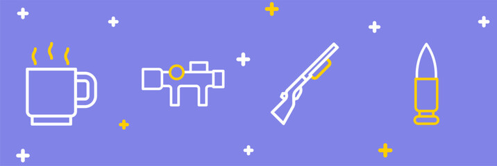 Set line Bullet, Hunting gun, Sniper optical sight and Coffee cup icon. Vector