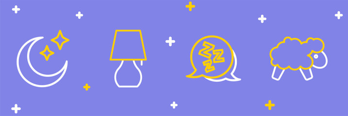 Set line Sheep, Sleepy, Table lamp and Moon and stars icon. Vector