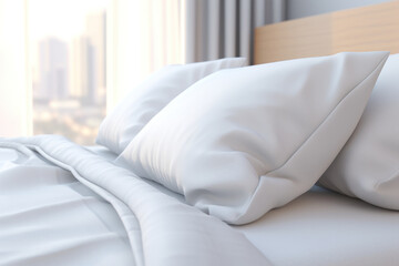 Bedroom Comfort Spotlight: Close-Up of Contemporary Home Interior with White Soft Bed Pillows, Arranged in Daylight, Showcasing Beautiful Design Details.