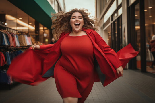 eine plus-size Frau in roter Kleidung rennt jubelnd durch die Straße, plus-size woman in red clothes runs through street cheering