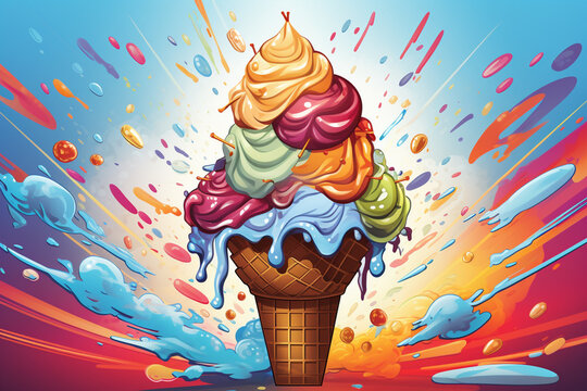 Ice Cream Fantasy, Digital ice cream cone with colorful candy splashes in the background. Cartoon illustration of an ice cream surrounded by sweets and candies. colorful ice cream Cone for advertising