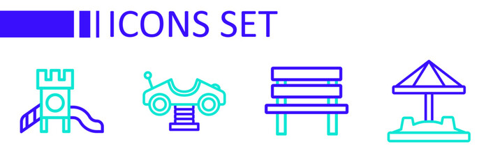 Set line Sandbox with sand, Bench, Swing car and Slide playground icon. Vector